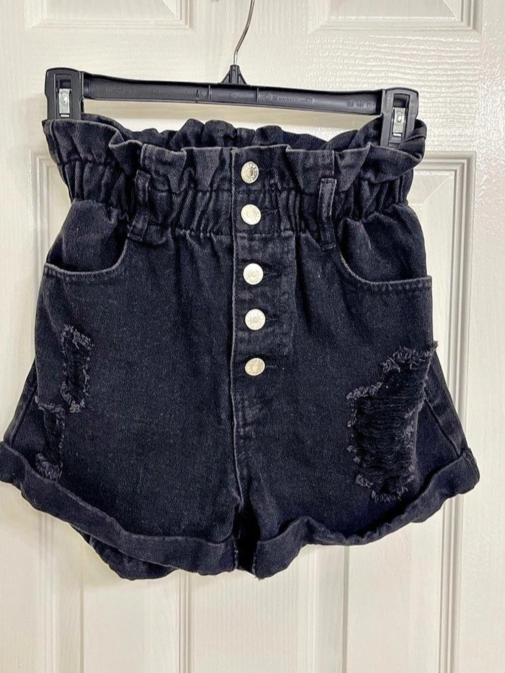 SHEIN Essnce Paper Bag Waist Roll Up Hem Denim Shorts Denim Shorts Black XS
